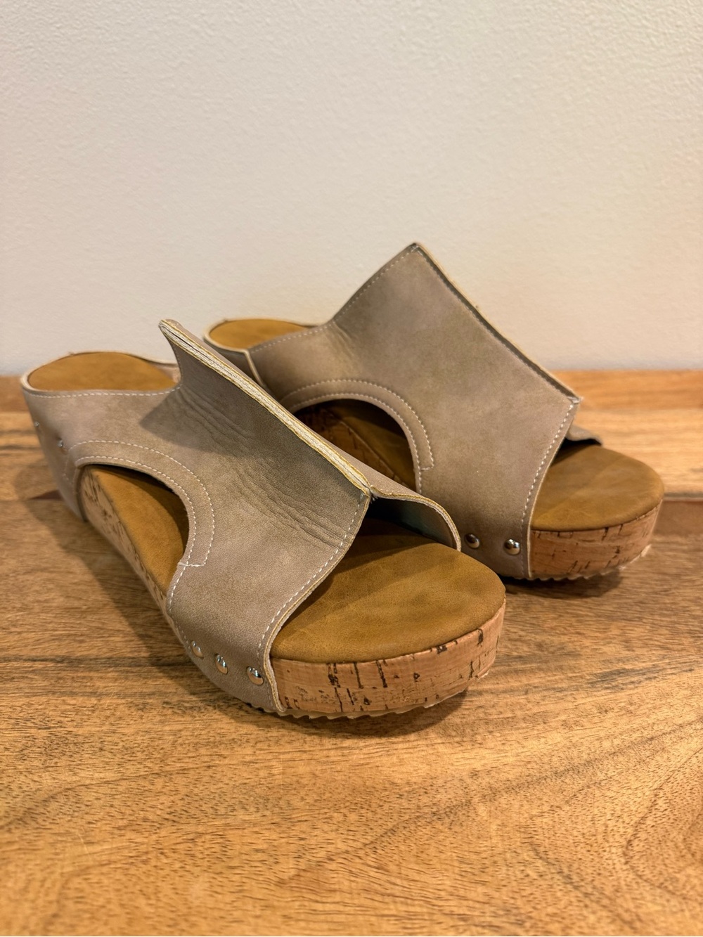 Women's Taupe Cork Wedge Slide Mules